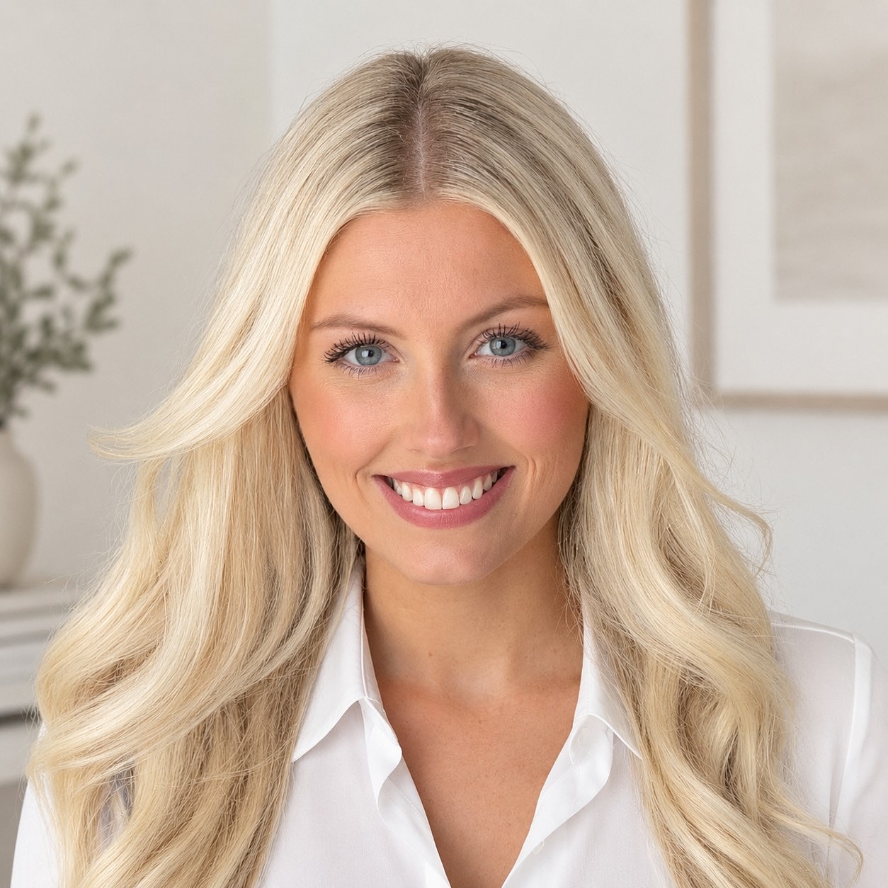 Smiling woman with long blonde hair.