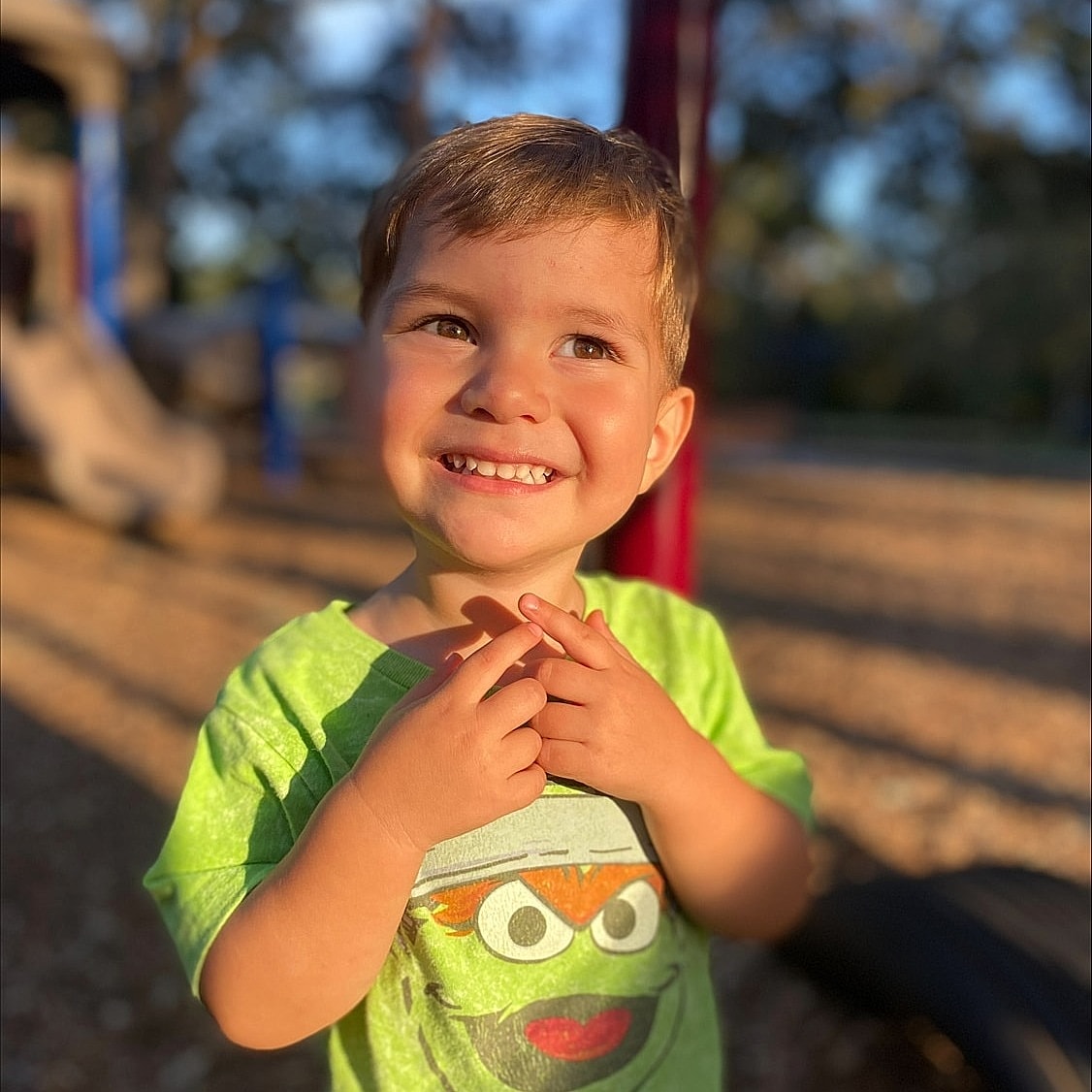Smiling child in green shirt at playground.