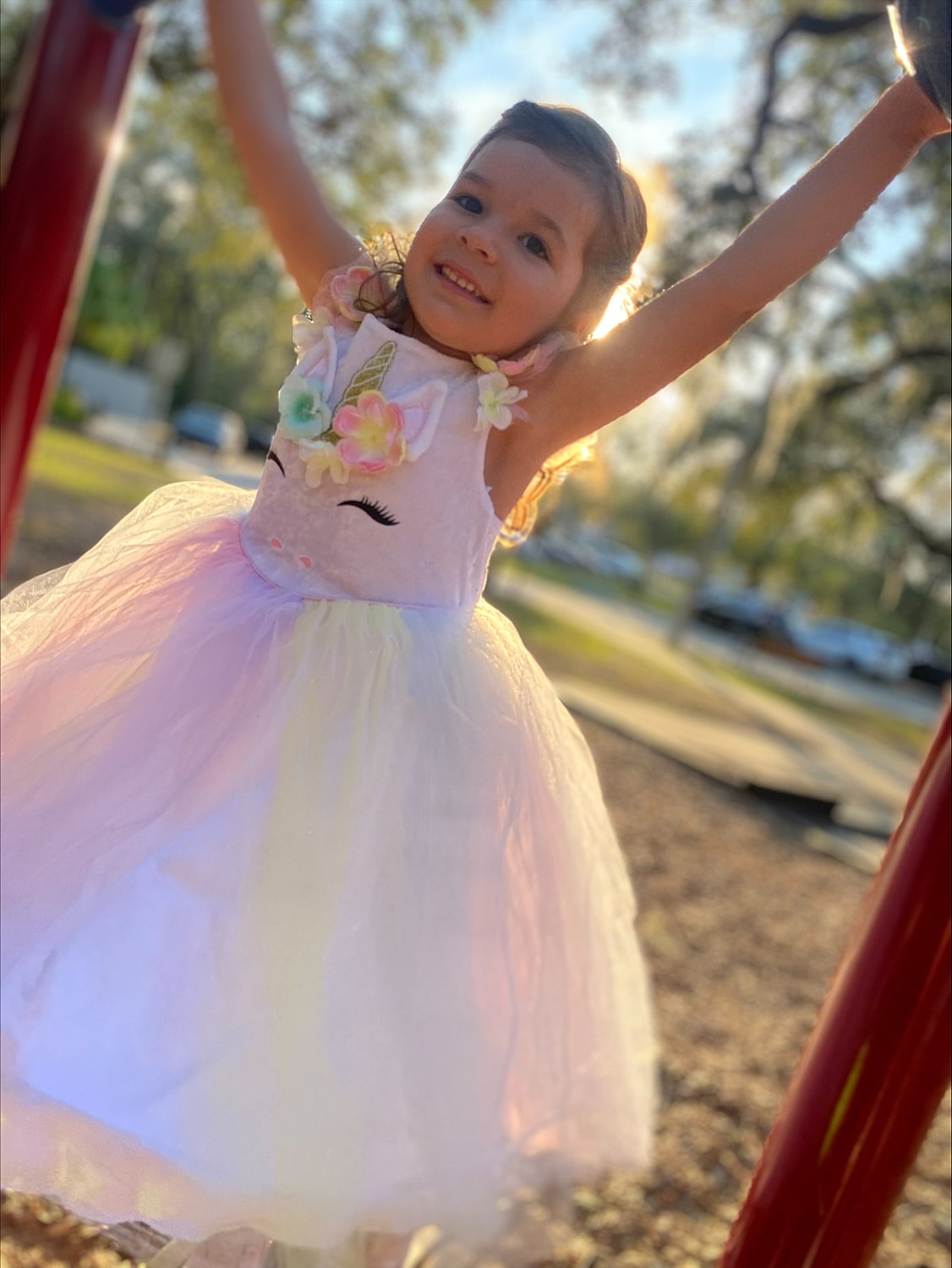 Girl in unicorn dress playing on playground.