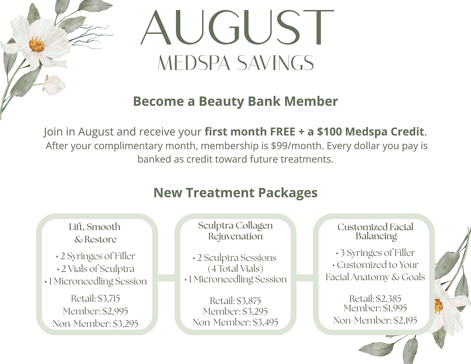 August Medspa savings promotional flyer details.