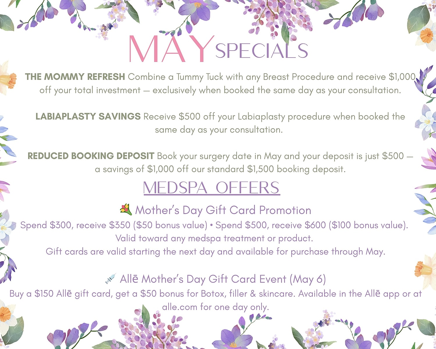 May specials for cosmetic procedures and gift cards.